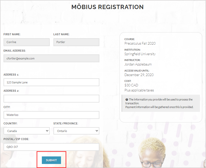 The Möbius online payment registration form has the "Submit" button after the "Postal/Zip Code" field at the bottom.